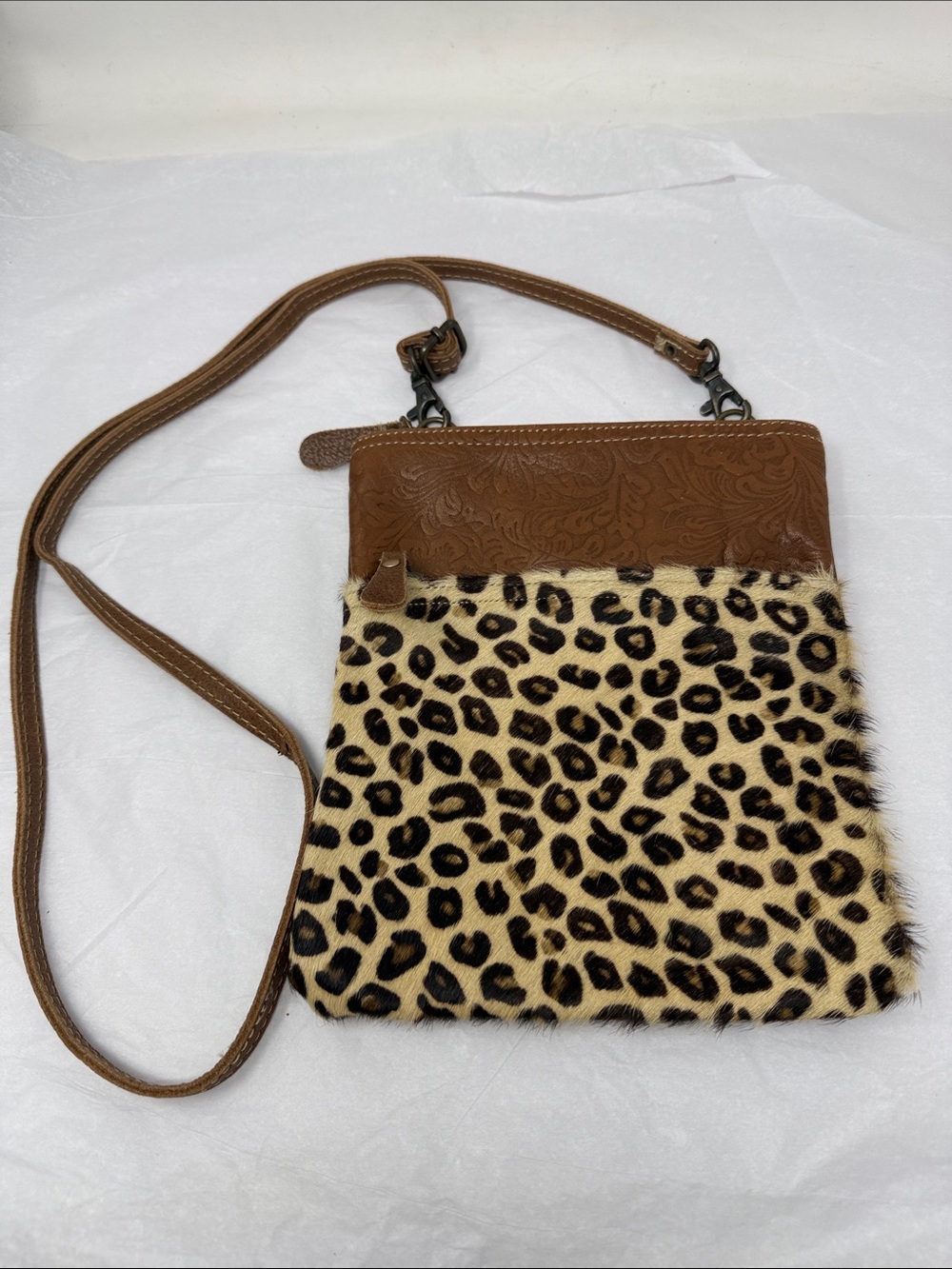 Myra Bag Leopard Print Hair-On Hide Solemnly Small Crossbody Bag Tooled Leather